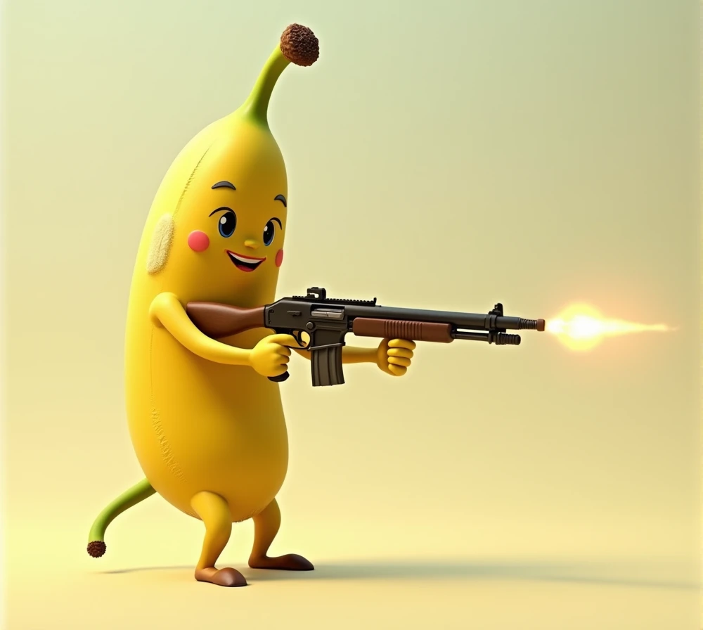 a human banana, tailless smiling and aiming a gun to the east