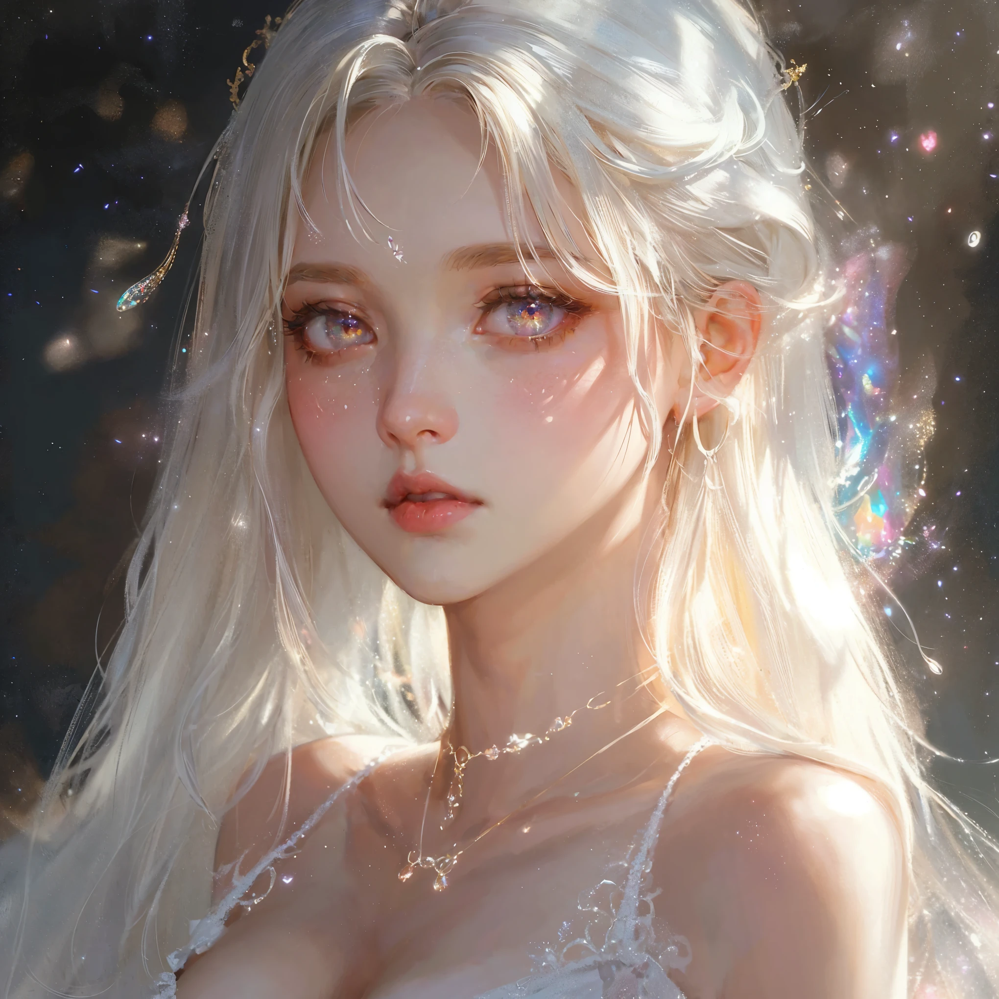 1girl, solo, beautiful detailed eyes, beautifully detailed lips, pale skin, delicate features, porcelain-like complexion, elegant pose, graceful posture, ethereal beauty, light atmosphere, soft and subtle lighting, delicate, fine brushstrokes, realistic rendering, vibrant colors, dreamlike ambiance, soft painting style, a sense of tranquility, a masterpiece capturing the essence of purity and grace, gorgeous breasts, cleavage, sexy, ((aesthetic soft painting background)), (Style by NTY), sexy, ((rainbow glowing specks on the skin)), ((wet skin)), mascara, eyelashes, glitter on her face, sexy lips, nice contrast, light particles, soft lighting, volumetric lighting, finely detailed, ((big breasts)), (((looking at the viewer))), extremely beautiful eyes, Extremely detailed eyes, light-colored eyes, post-Impressionist, rich gradient, extreme colors, extreme details, clear light perception, a fantasy or mythical character, elegant, anime-inspired, delicate features, long white hair, soft lighting, gentle shadows, pastel palette, graceful pose, refined attire, serene mood, romantic, ethereal atmosphere, detailed rendering, contemporary illustration style, subtle highlights, fantastical, ethereal figure, delicate features, blonde flowing hair, soft lighting, iridescent wings, antlers, glowing highlights, dark background, subtle color transitions, purples, blues, and soft golds, dreamy, mysterious atmosphere, fantasy-inspired style, enchanting mood, high-detail rendering, otherworldly beauty