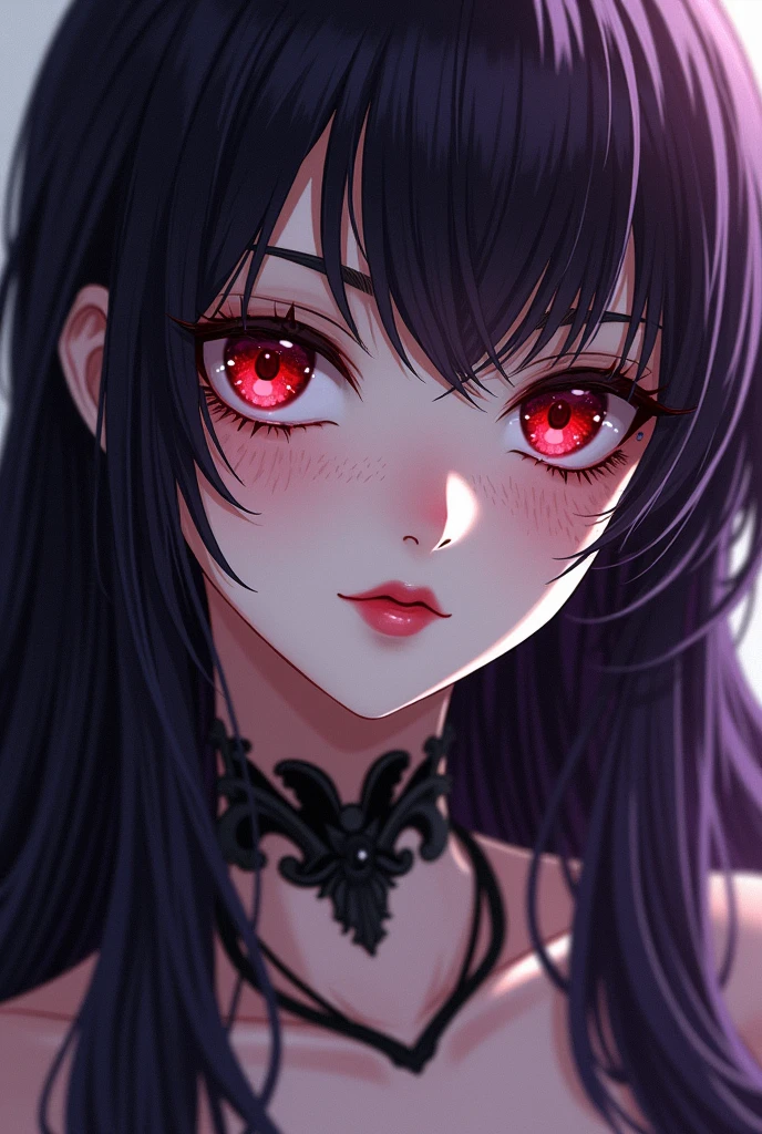 A pretty woman in anime style with white black Mexican la Caterina make-up red eyes dark purple hair