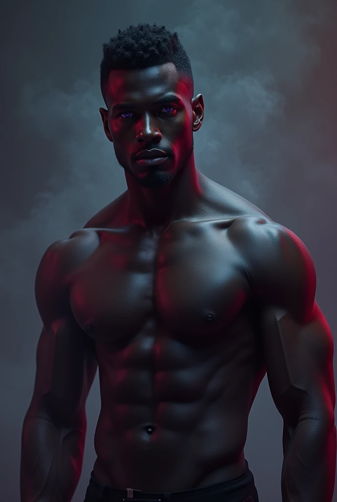 An attractive man, lavender eyes, jet black skin, full lips, muscular.