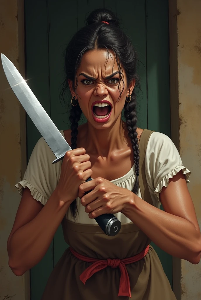 create a mexican modest woman angry, with a knife,
