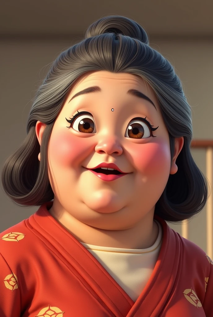 Pixar style image of a Japanese woman, obese, with tiny, slanted brown eyes , brunette skin ,gray hair , slickedback hair, at shoulder height ,  rounded face, Disney makeup