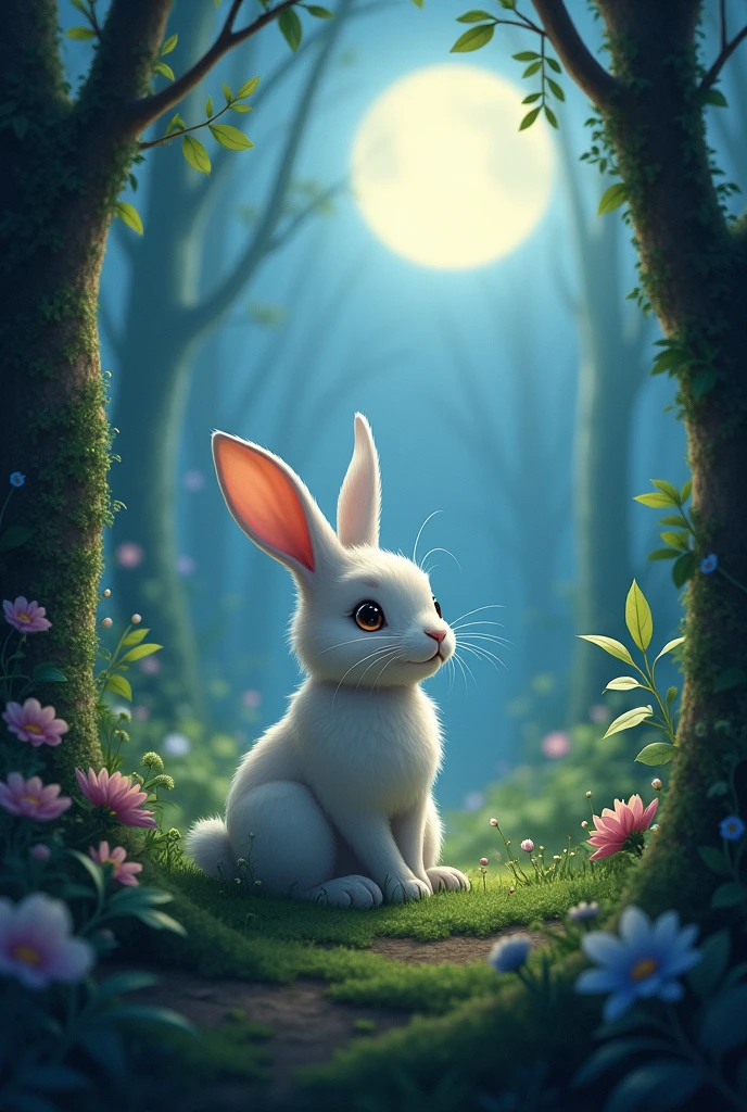 In the woods, A rabbit sits enjoying the moonlight, to color