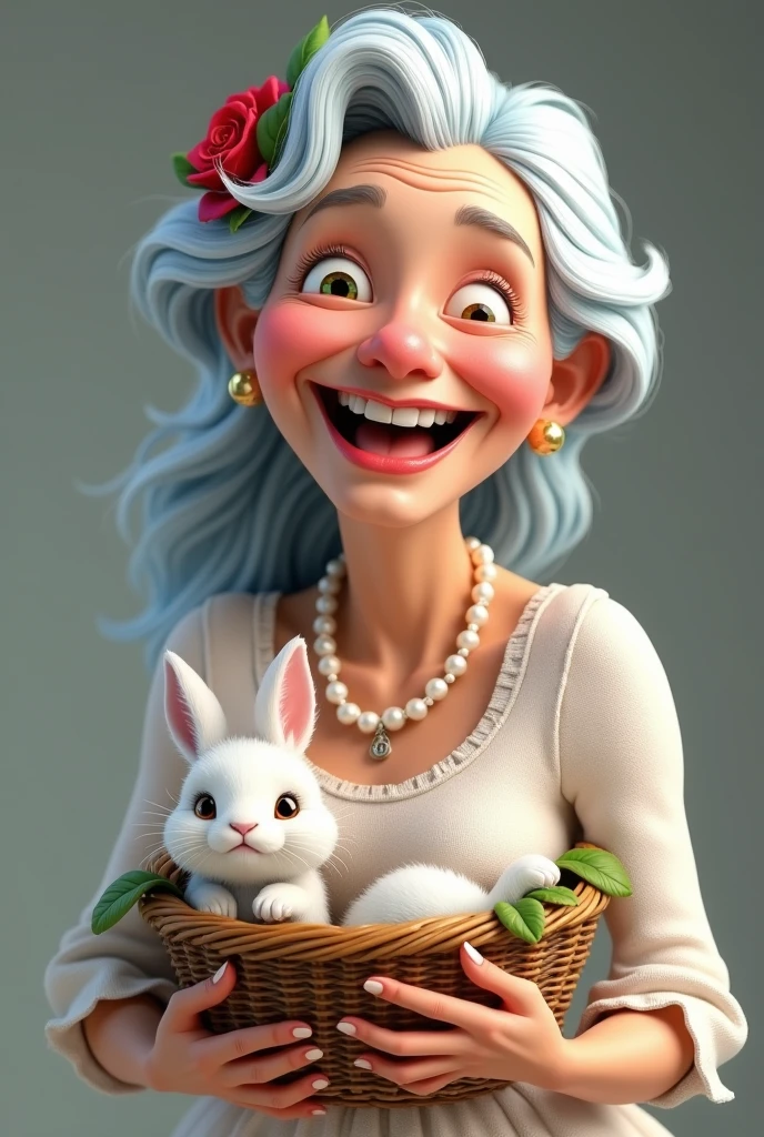 Very old 70woman old face
hat white woman blue hair
With a very smiling and happy lip
With an old basket with a white rabbit in it
With a white princess dress and
A pearl necklace with a red rose
Style 3D