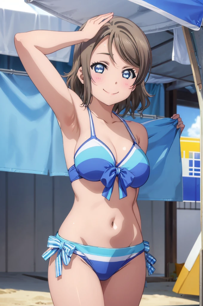 (((pixel-perfect, detail-perfect))), solo, 1girl, you watanabe, eyes azzur, smile, bikini, summer beach, armpit, big filesize, ultra High Qality