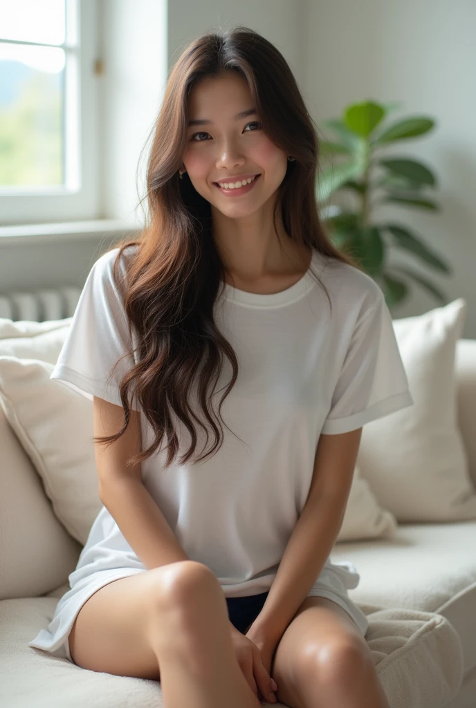 Photorealistic, young woman, long brunette hair, brightly smiling, no makeup, looking down, wearing long white t-shirt, wearing navy blue panties, barefoot, sitting on a plush white couch, inside a brightly lit modern living room