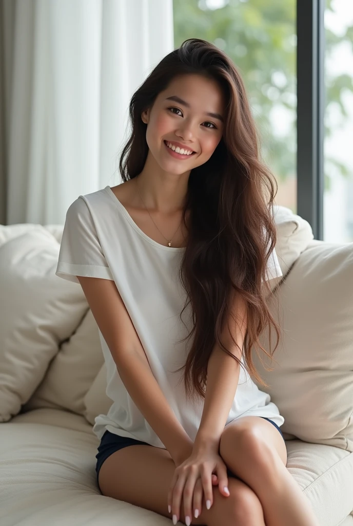Photorealistic, young woman, long brunette hair, brightly smiling, no makeup, looking down, wearing long white t-shirt, wearing navy blue panties, barefoot, sitting on a plush white couch, inside a brightly lit modern living room