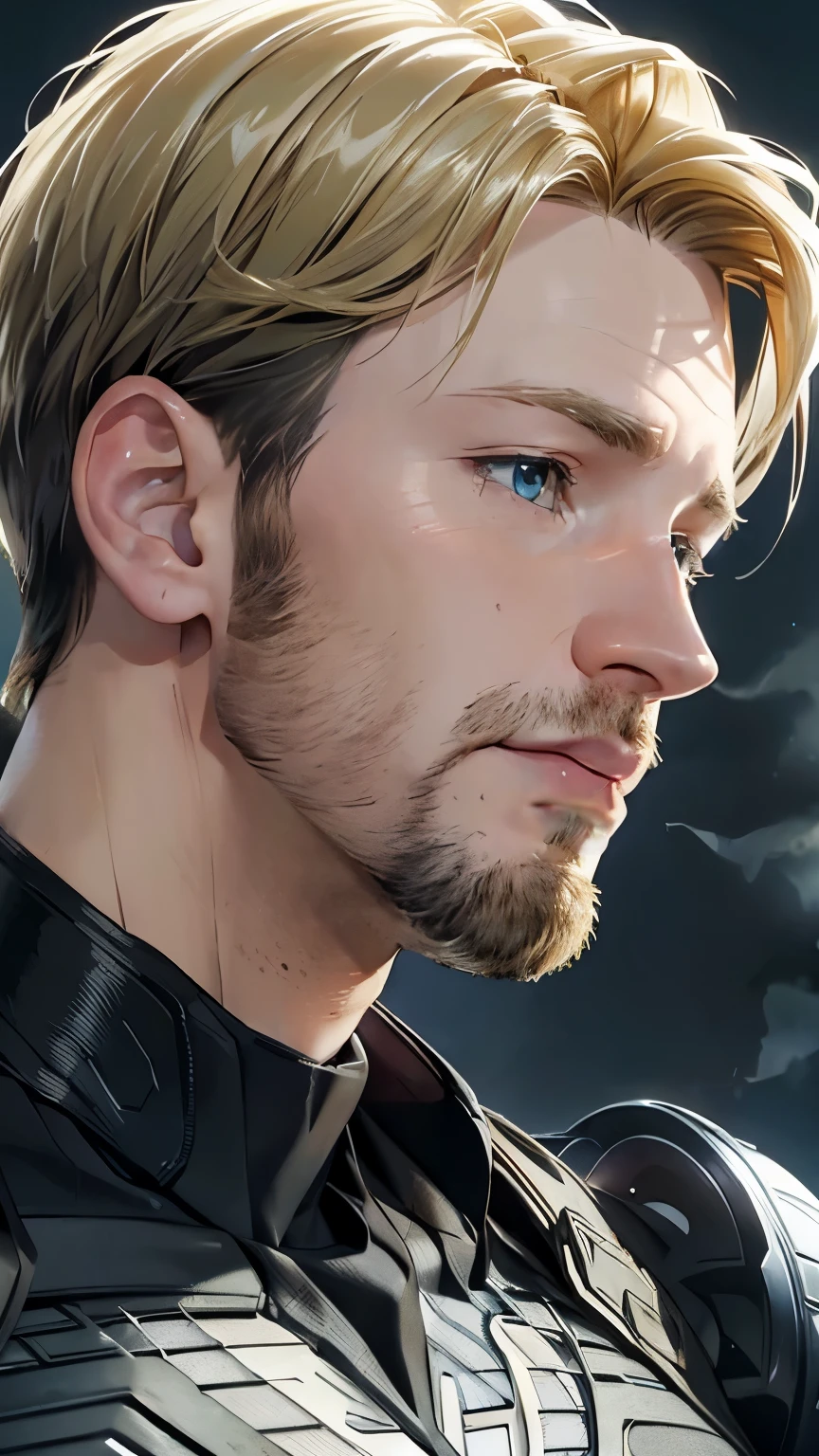 (masterpiece), best picture quality, profile icon, semi realism, 8k cg, stunningly handsome, intricate details, chromatic aberration, ((bust shot)), ((looking at viewer)), facing the front, portrait, close up, 1boy, Steve Rodgers, superhero suit, short blonde hair, blonde beard, blue eyes, mature face, strong features, absurdres, cinematic lighting, dynamic lighting, fantasy, ((dark background, fog))
