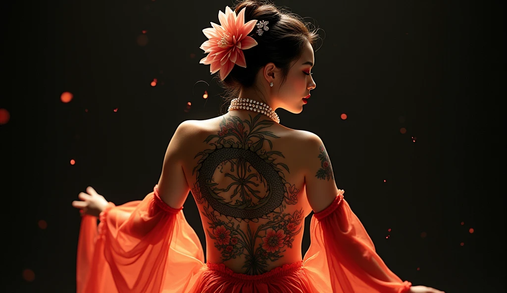 fashion glam kabuki style theater front view Japaneses nude beautiful model crystal and large pearls swarowsky chocker half body spin oiled with large flower in the hair with japan style symmetric tattoo large dragon and sakura large flowers covered full body include hands comes from hips to the back and waves black background photography in studio curve model 27 years 35 mm shot from the back 8k uhd soft light
