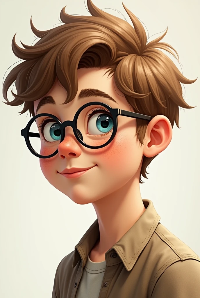 Light brown haired boy, disheveled, mod-cut court. Round almond-shaped eyes in light blue, long eyelashes and thin eyebrows. Turned-up nose glasses, thicker upper lip, straight white teeth, freckles on the cheekbones, oval face nose, low facial fat,marked jaw Thin