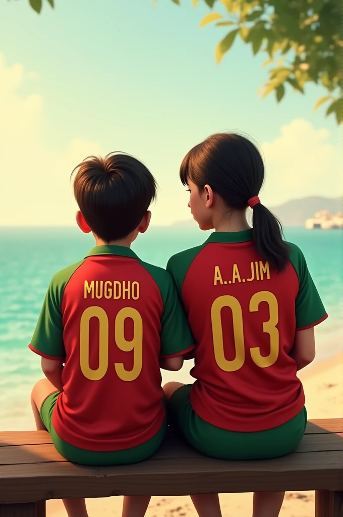 A boy whose name is "Mugdho" and a girl whose name is "A.A. Jim " wearing Bangladeshi cricket Jersey and sitting on a bench near sea.
The names of the boy and girl are written in the backside of the Jerseys. The Jersey number of boy is 09 and the Jersey number of the girl is 03