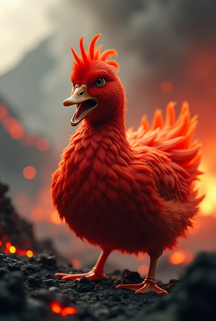 A duck is so angry that his feathers turned red and he is in a volcano 