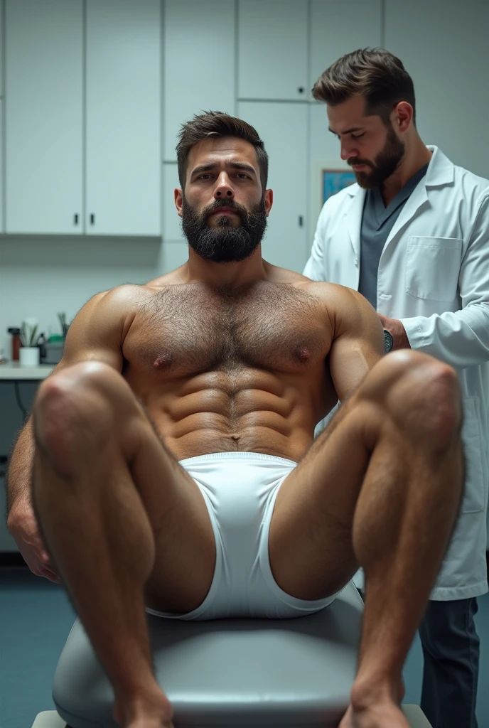 Strong hairy young man doing sit-ups in white underwear in front of a doctor.