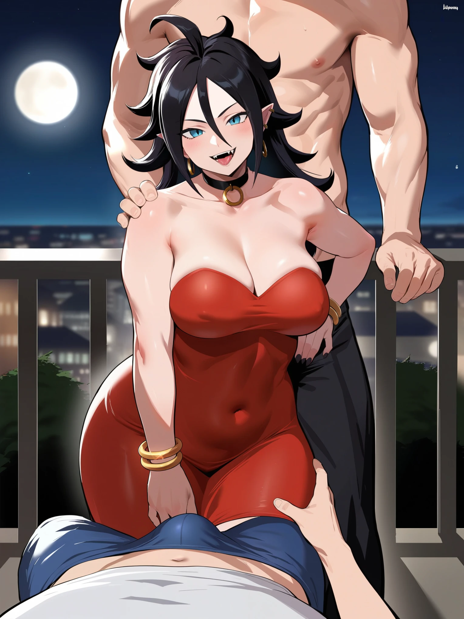 score_9, score_8_up, source_anime, standing, android 21, giant ass, nude, indoors, night, night sky, nighttime, vampire, smirk, fangs, ikuchan, balcony, town background, nude male, huge penis, huge testicles, muscular male, medium breasts, boyfriend, couple, looking at viewer, faceless male, light skinned male, cuckold pov, ntr, netorare, standing side by side, standing, cuckolding, cuck, 1girl, 1boy, smug, humiliation, ((faceless male)), ((size difference)), tall male, ((worship)), licking abs, ((light skinned male))), gown, dress, bulge, navel, short dress, red dress, furry, tiger, anthro on human, tiger girl, chubby, bbw, male head out of frame, ((size difference)), , ((large male)), black haired male, solo focus, choker, solo focus 