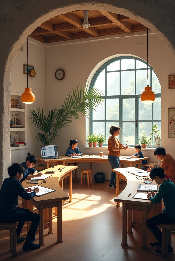 Anecdotal Record Office Automation and Artistic Education, where students are shown working in the crescent-shaped classroom