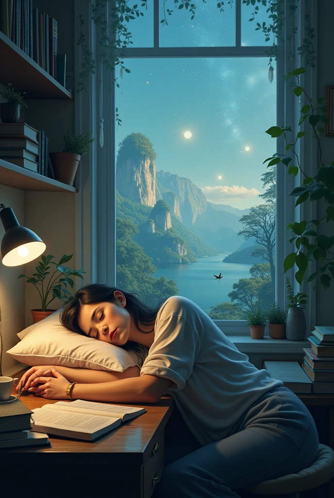 A book cover with a realistic adult girl sleeping in her desk at home. Fantasy and dream.