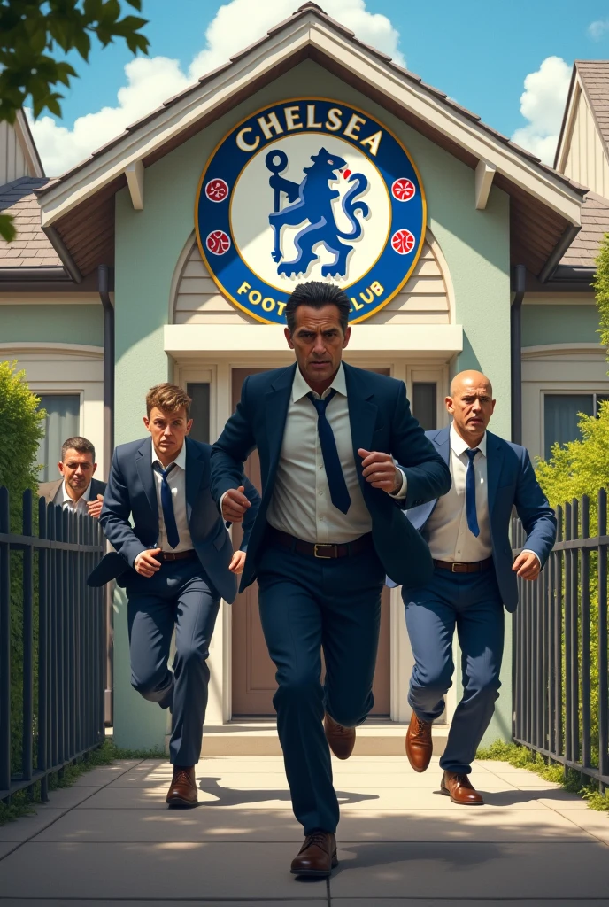 Males running out from a house with Chelsea fc crest on it