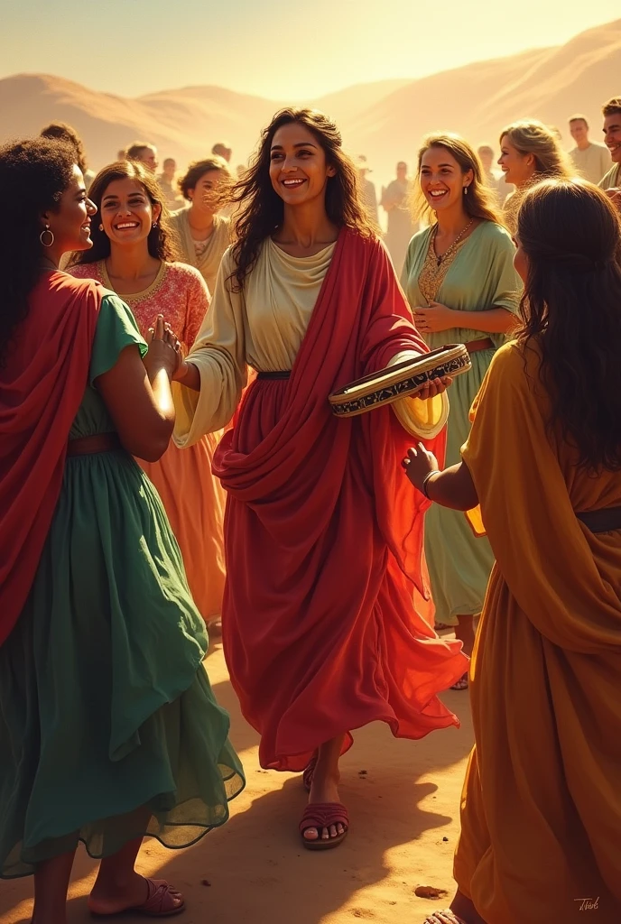 The topic of my presentation is "Women in the Bible" and I want to create an image from a specific Bible verse which is Exodus chapter 15, verse 20, which says: "Mary, the prophetess, He took a tambourine in his right hand and a closed parchment in his left, and behind her came all the women "playing tambourine and dancing"".