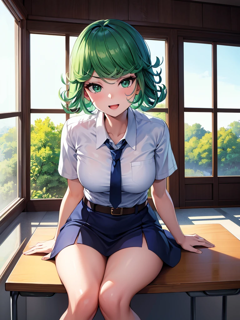 (high res, 8K, masterpiece, looking at viewer, best quality, very aesthetic, ultra detailed, ultra background, ultra Eyes) intricate details, 1girl, Tatsumaki, Chibi, short sleeved white shirt, Dark Blue short skirt, Pockets on the left chest, Dark Blue tie, Wearing a belt, green short hair, green eyes, Laughing Face, Sit on the Chair, Background Windows, Clasroom, Cinematic Angle