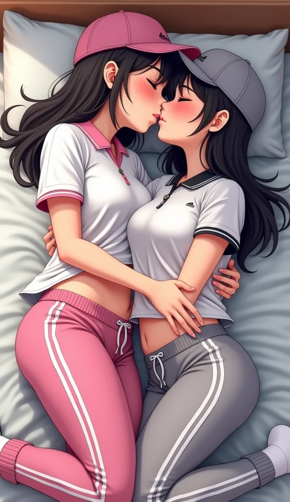 Two girls long black hairs, yuri, hot love scene
The first girl wear a white pink polo shirt pink shirt collar pink sleeves, pink cap, pink adidas sweatpants with three white stripes, black underpants, white socks.
The second girl wore a white grey polo shirt grey shirt collar grey sleeves, grey cap, grey adidas sweatpants with three white stripes, black underpants, white socks.
The hem of their polo shirt was tucked into their pants.
The first girl used her hand insert to inside the grey sweatpants of the second girl and insert her fingers into vagina of the second girl.
kissing on the bed, sensual body, hugging, closed eyes, lying on the bed, bedroom, novel cartoon, 4K, HD