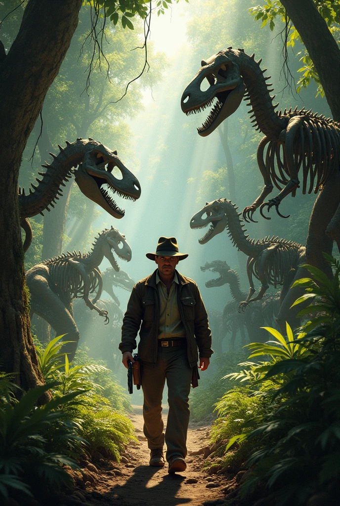 Indiana Jones among the skeletons of dinosaurs in the jungle