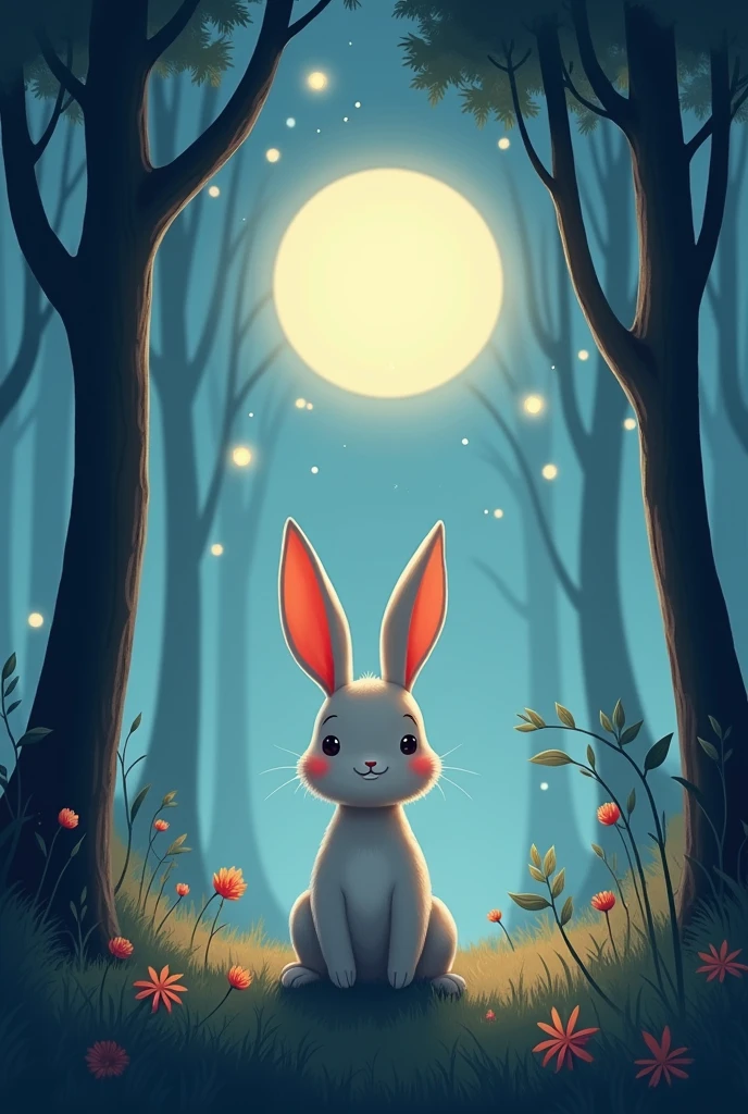 In the woods, A rabbit sits enjoying the moonlight, 2d coloring