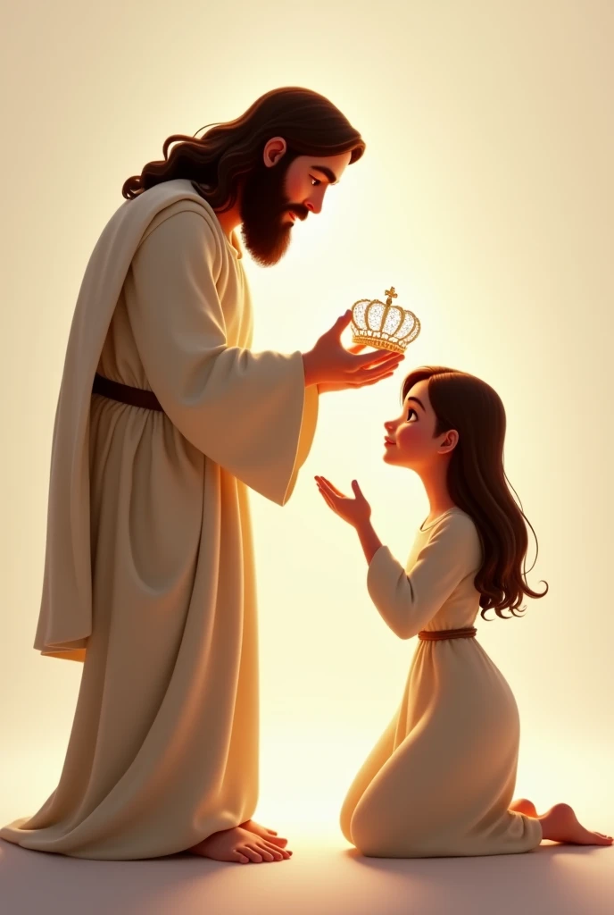 Jesus crowning a 15 year old girl Disney Pixar style, the young woman is kneeling, Jesus is wearing the delicate diamond crown on top of the young woman's head ready to place the crown on the young woman's head png background