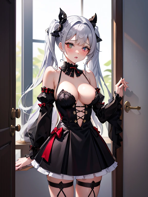 nsfwn,,((1girl)),Very detailed,High resolution,4K,8k,masterpiece,High resolution,(Long Hair, Silver Hair,Twin tails, hair band, Heterochromia, Red ribbon,Cleavage, Black choker, Exposing shoulders, Gothic, Red dress, Red Bow, Removable sleeves),(big breasts),looking away,((orgasm),girl trembling with sexual climax),standing