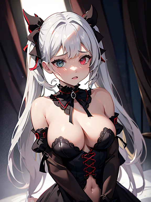 nsfwn,,((1girl)),Very detailed,High resolution,4K,8k,masterpiece,High resolution,(Long Hair, Silver Hair,Twin tails, hair band, Heterochromia, Red ribbon,Cleavage, Black choker, Exposing shoulders, Gothic, Red dress, Red Bow, Removable sleeves),(big breasts),looking away,((orgasm),girl trembling with sexual climax),standing