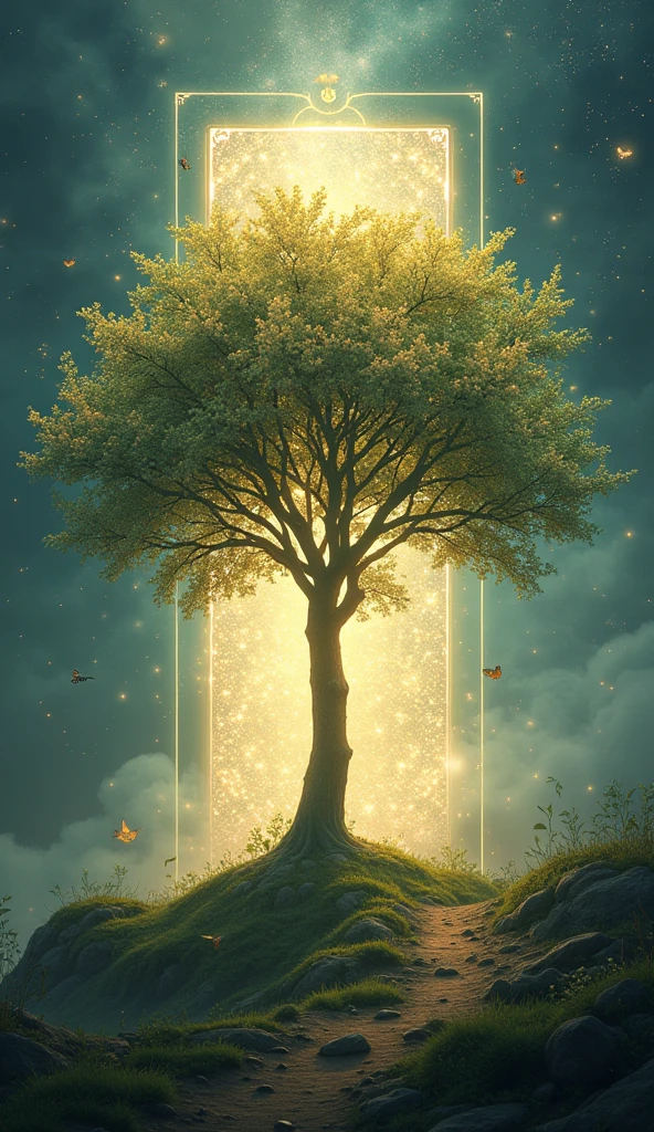 Realistic, (Best Quality, masutepiece:1.3),Apple tree,soul card, Line, light Particle, No humans,