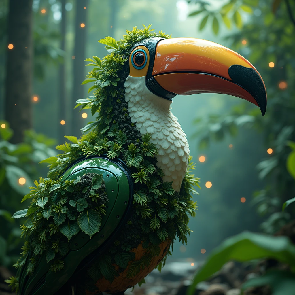 a humanoid artificial intelligence toucan facing the camera with its body made of tropical plants uniting digital and natural