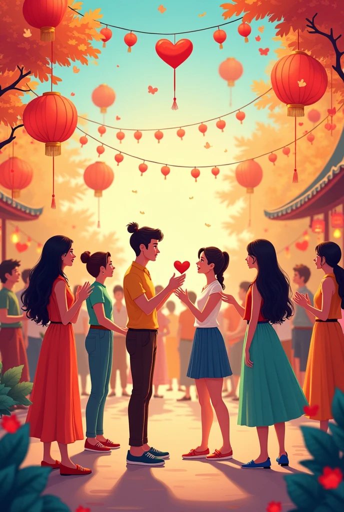 Create a book cover. The story is about a festival of love, where boys and girls are brought together and they try to fall in love.