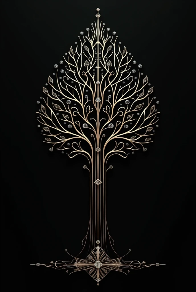Nordic tree-shaped solitaire,Flat style, abstract artistic,Graphic design,symmetry, Math, Renaissance, Oil painting, 2D canvas, highly detailed, complex, Classic paint, Black monochrome, crystals, opulent, lap, gothic ornament, Graphic design