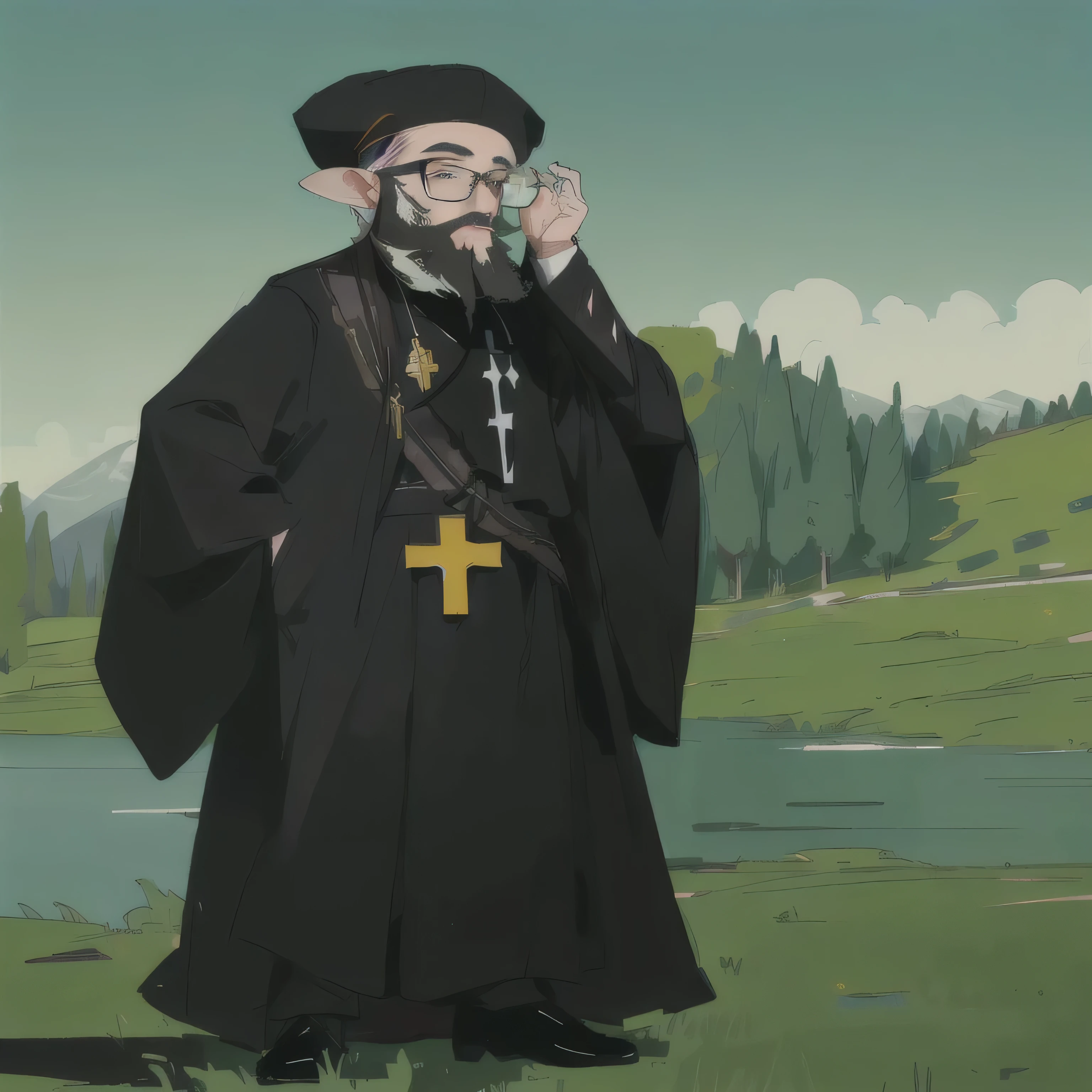 A priest with glasses and a long beard, robe and a cross on his chest, nature in the background, cartoon style drawing.