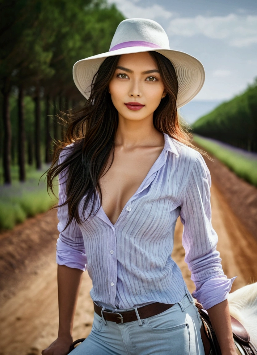 ((NSFW)), 8k, raw photo, Best quality, high resolution, photorealistic, on a white horse, dressed in apple green jeans, a white blouse and a white cap, on a dirt road surrounded by lavender, Beautiful detailed face, detailed, high resolution, Realistic, photorealistic, full body, from head to toe, legs, dark skin, pores, wrinkles, extremely detailed Unity 8k CG wallpaper), photo of the most beautiful work of world art, majestic professional (photographed: Steve McCurry), 8k uhd, DSLR, soft lighting, high quality, film grain, sharp focus Fujifilm viewer: 1,2), (natural light),