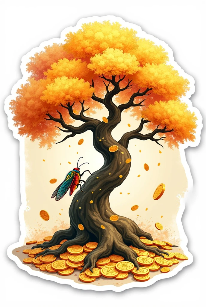 1sticker，a sticker， Nikkaze，（A tree full of gold coins），(Brilliant décor)，（Fortune cicada），（Traditional coats of arms），gold coins，Golden branches and jade leaves，Background brushstrokes in ink style，water ink， white backgrounid， nothing background， simple backgound， dk， badges，logo， pastel colour， vectorstyle， no gradien