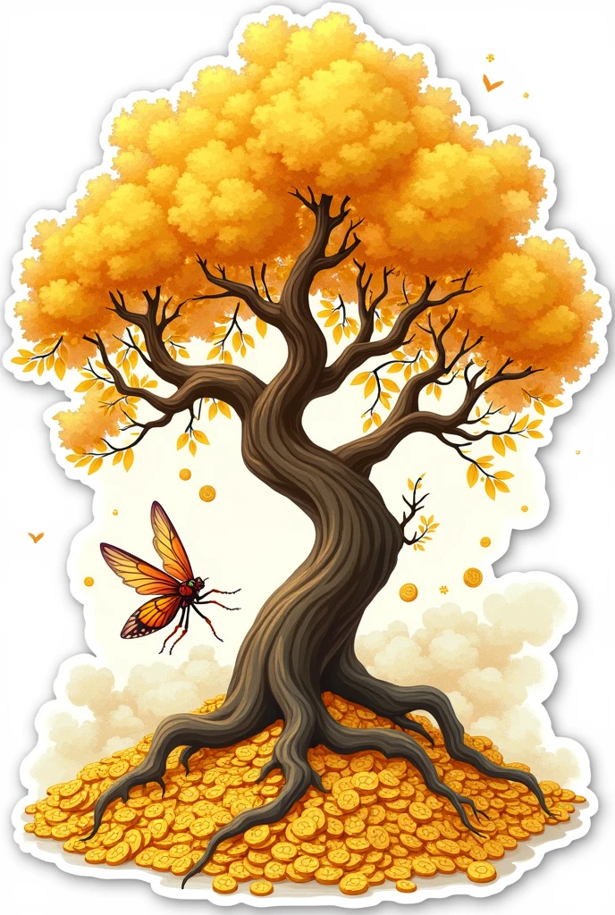 1sticker，a sticker， Nikkaze，（A tree full of gold coins），(Brilliant décor)，（Fortune cicada），（Traditional coats of arms），gold coins，Golden branches and jade leaves，Background brushstrokes in ink style，water ink， white backgrounid， nothing background， simple backgound， dk， badges，logo， pastel colour， vectorstyle， no gradien