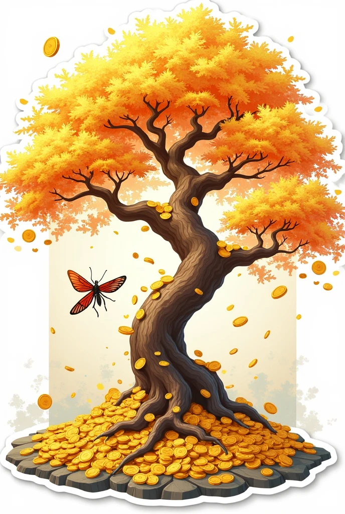 1sticker,a sticker, Nikkaze,(A tree full of gold coins),(Brilliant décor),(Fortune cicada),(Traditional coats of arms),gold coins,Golden branches and jade leaves,Background brushstrokes in ink style,water ink, white backgrounid, nothing background, simple backgound, dk, badges,logo, pastel colour, vectorstyle, no gradien