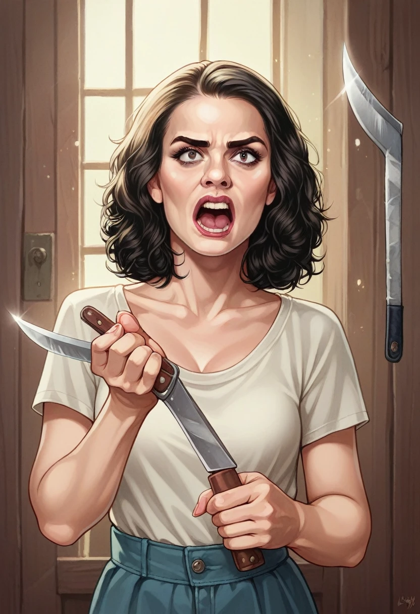 Knife actress Margot Robbie screaming angrily in a house full of dead bodies