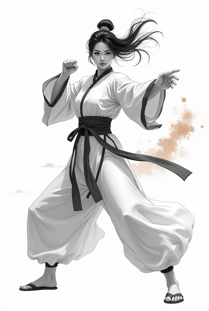 zydink, monochrome, ink sketch, asian (middle age woman), fighting stance, looking at viewer, long hair, floating hair, hanfu, chinese clothes, long sleeves, (abstract ink splash:1.2), white background