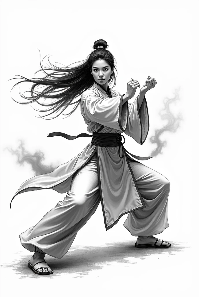 zydink, monochrome, ink sketch, asian (middle age woman), fighting stance, looking at viewer, long hair, floating hair, hanfu, chinese clothes, long sleeves, (abstract ink splash:1.2), white background