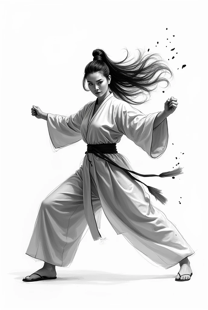 zydink, monochrome, ink sketch, asian (middle age woman), fighting stance, looking at viewer, long hair, floating hair, hanfu, chinese clothes, long sleeves, (abstract ink splash:1.2), white background