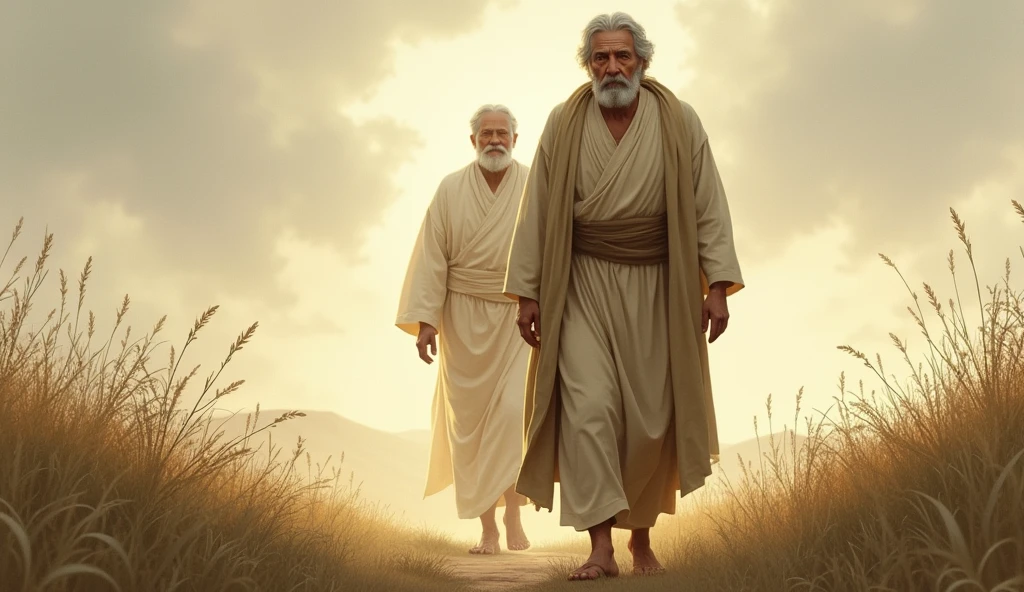 Create a realistic illustration of Enoch, a middle aged man, walking alongside God in a serene and peaceful landscape. Enoch must have a wise and contemplative appearance, with features that reflect wisdom and experience. God must be represented in a subtle and respectful way, perhaps as a soft light or an enveloping presence that radiates peace. The scenario should be simple, with discreet vegetation and a cloudy sky, avoiding vibrant colors, to convey a feeling of reverence and tranquility. The atmosphere must be one of serenity, emphasizing the spiritual connection between Enoch and God.