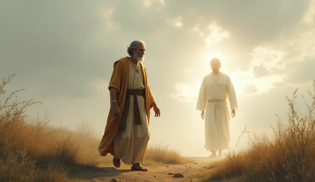 Create a realistic illustration of Enoch, a middle aged man, walking alongside God in a serene and peaceful landscape. Enoch must have a wise and contemplative appearance, with features that reflect wisdom and experience. God must be represented in a subtle and respectful way, perhaps as a soft light or an enveloping presence that radiates peace. The scenario should be simple, with discreet vegetation and a cloudy sky, avoiding vibrant colors, to convey a feeling of reverence and tranquility. The atmosphere must be one of serenity, emphasizing the spiritual connection between Enoch and God.