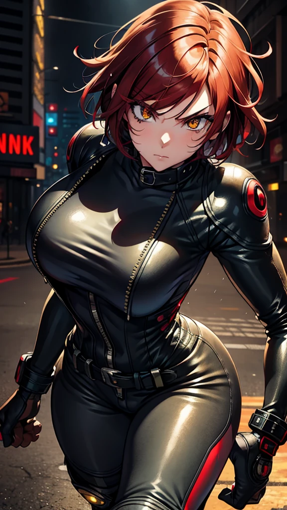 biker girl, motorcycle, Leather one-piece garment, Short hair, yellow glowing eyes, Dark colors, ultra detailed face, long eyelashes, skinny, Cyberpunk, Neon lights, Red hair, long boots, tightsuit, Night, the city street, mitts, rain