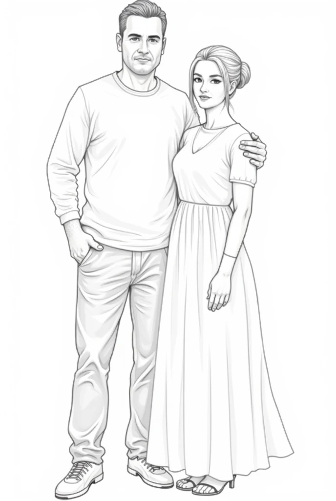 um casal, one man and one woman, Tall man, Short woman, dressed in modest clothing. pencil draw