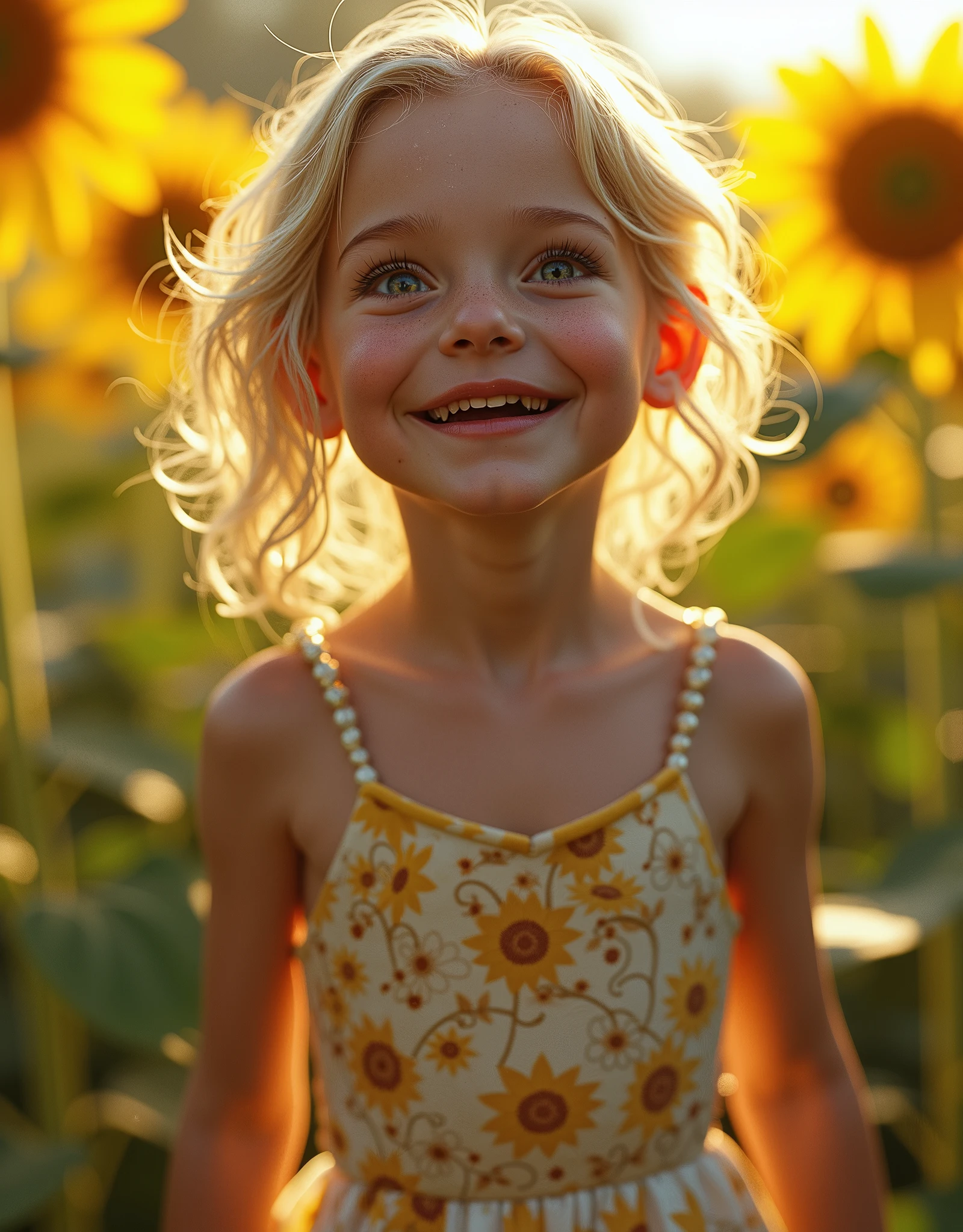 Unparalleled girl alone, massif dress,pretty,Cute and beautiful girl,europa,(big smile:1.2),cowboy shot,avant-garde string camisole dress,braided sandals,The background is a colony of sunflowers,Sunlight sparkling,realistic skin texture,low angle，a small child with realistic skin wearing a floral massif-dress, ecstasy expression, very thin thighs, in a midsommar garden with sunflowers,extremely detailed eyes and face,longeyelashes,hyperrealistic,ethereal,surreal,dramatic lighting,cinematic,natural lighting,warm color palette, insane (max best quality),(insane best details),(insane realistic),(insane masterpiece:1.2),ultra-detailed,(insane raw realistic:1.37),insane professional photorealistic,(insane photo-realistic:1.37),HDR,DSLR,studio lighting,ultra-fine real-life,ultra sharp focus,physically-based rendering,extreme detail description,professional,vivid colors,portrait,concept art,hyperrealistic,high saturate,varies,multi,etc. --v 6 --s 1000 --c 20 --q 500 --chaos 100