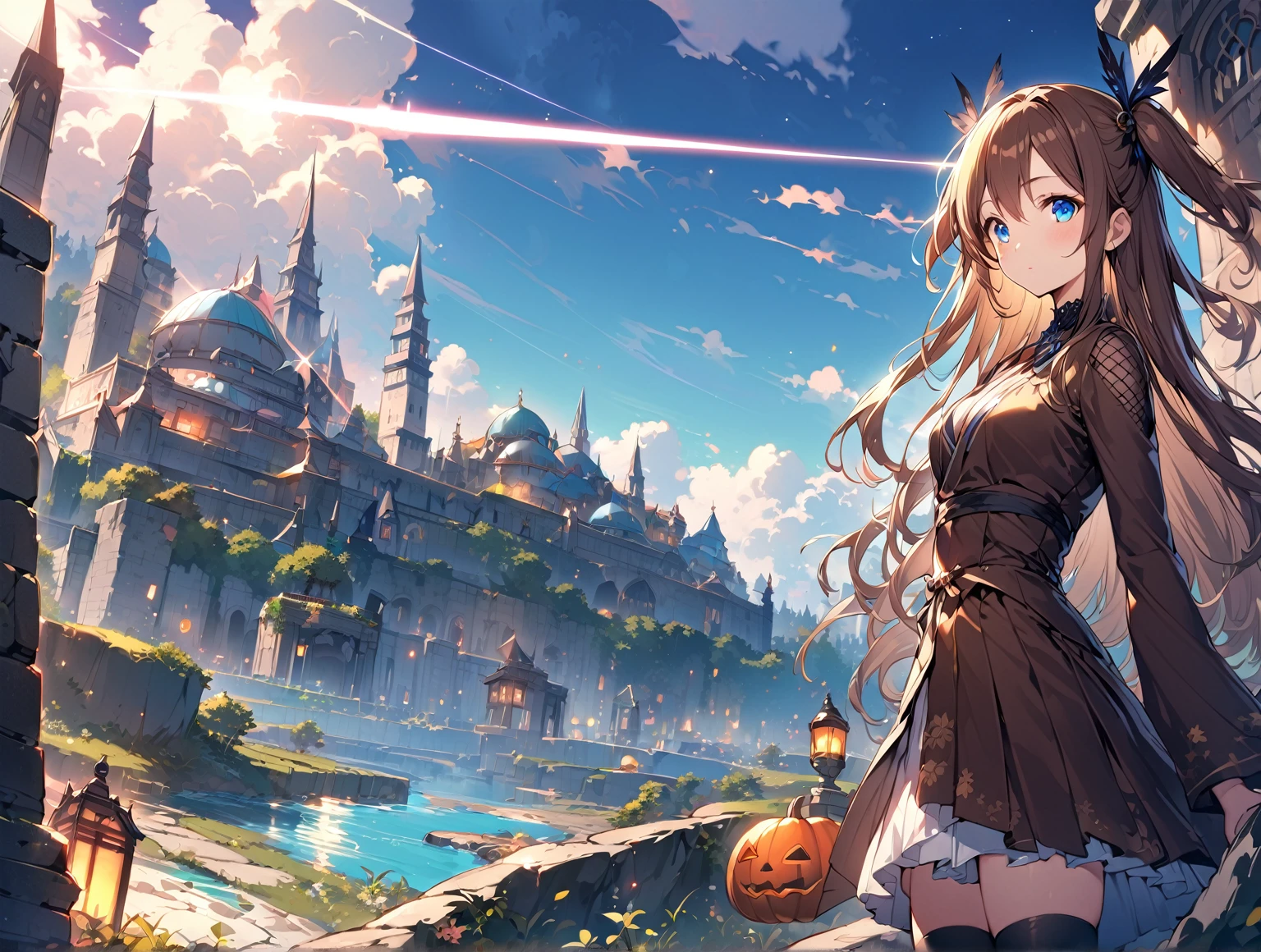 1girl,  solo, outdoors, long hair, holy place, Original,(Illustration:1.1),(Best Quality),(masutepiece:1.1),(the Extremely Detailed CG Unity 8K Wallpapers:1.1), (Colorful:0.9),(mid-shot:0.95),(extremely detailed beautiful face),(Solo:1.2), (girl),(((Lori))), (Detailed beautiful eyes:1.15), (Beautiful face:1.15), (Glowing blue eyes:1.25////),(((Brown Long Hair))),(two side up),(+perfect hand+:1.21),(Draw illustration of Japan priestess costume),(slender),(White pleated skirt),(Gothic),((black thighhighs)),(frilld),(Beautiful Slender Lolita Girl),hallowween,standing, girl,,  girl,