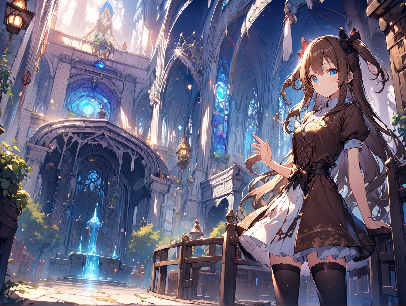 1girl, solo, outdoors, long hair, holy place, Original,(Illustration:1.1),(Best Quality),(masutepiece:1.1),(the Extremely Detailed CG Unity 8K Wallpapers:1.1), (Colorful:0.9),(mid-shot:0.95),(extremely detailed beautiful face),(Solo:1.2), (girl),(((Lori))), (Detailed beautiful eyes:1.15), (Beautiful face:1.15), (Glowing blue eyes:1.25////),(((Brown Long Hair))),(two side up),(+perfect hand+:1.21),(Draw illustration of Japan priestess costume),(slender),(White pleated skirt),(Gothic),((black thighhighs)),(frilld),(Beautiful Slender ta Girl),hallowween,standing, girl,, girl,