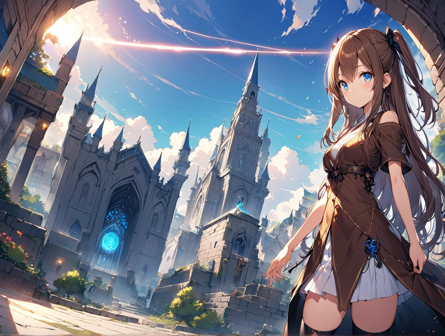 1girl,  solo, outdoors, long hair, holy place, Original,(Illustration:1.1),(Best Quality),(masutepiece:1.1),(the Extremely Detailed CG Unity 8K Wallpapers:1.1), (Colorful:0.9),(mid-shot:0.95),(extremely detailed beautiful face),(Solo:1.2), (girl),(((Lori))), (Detailed beautiful eyes:1.15), (Beautiful face:1.15), (Glowing blue eyes:1.25////),(((Brown Long Hair))),(two side up),(+perfect hand+:1.21),(Draw illustration of Japan priestess costume),(slender),(White pleated skirt),(Gothic),((black thighhighs)),(frilld),(Beautiful Slender Lolita Girl),hallowween,standing, girl,,  girl,